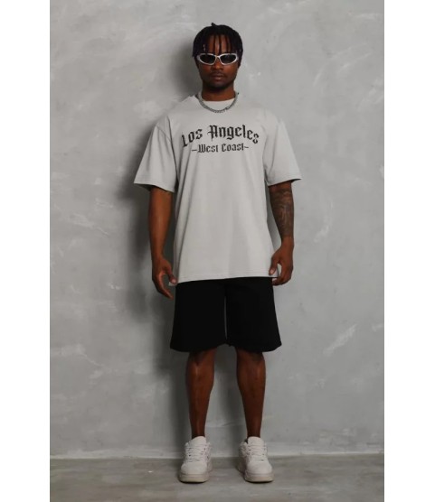 Unisex Oversize Baskılı Bisiklet Yaka T-Shirt - Gri