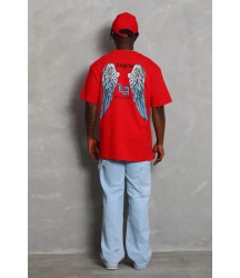Unisex Oversize Baskılı Bisiklet Yaka T-Shirt - Kırmızı