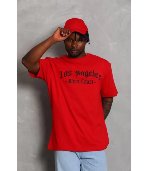 Unisex Oversize Baskılı Bisiklet Yaka T-Shirt - Kırmızı