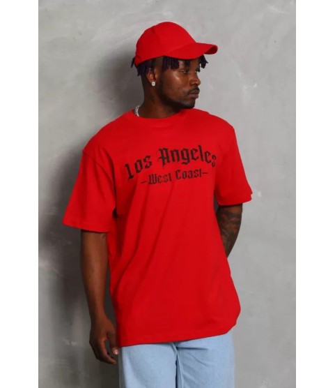 Unisex Oversize Baskılı Bisiklet Yaka T-Shirt - Kırmızı