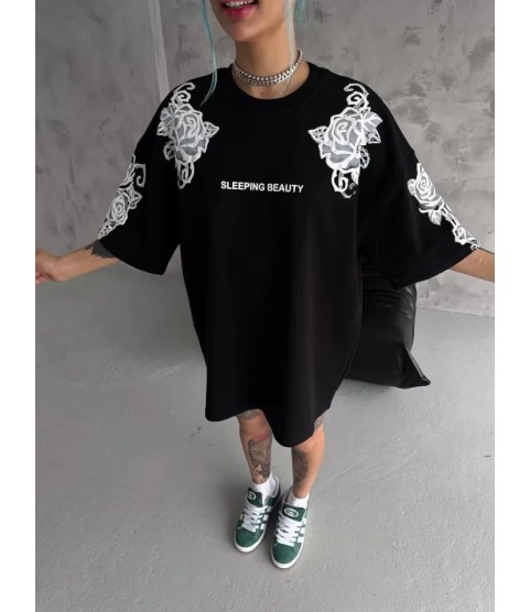Unisex Flok Kabartma Baskılı T-Shirt - Siyah