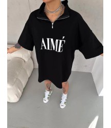 Unisex Yarım Fermuarlı Baskılı T-Shirt - Siyah