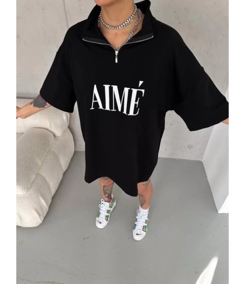 Unisex Yarım Fermuarlı Baskılı T-Shirt - Siyah