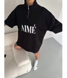 Unisex Yarım Fermuarlı Baskılı T-Shirt - Siyah