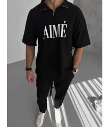 Unisex Yarım Fermuarlı Baskılı T-Shirt - Siyah