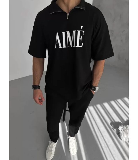 Unisex Yarım Fermuarlı Baskılı T-Shirt - Siyah