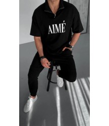 Unisex Yarım Fermuarlı Baskılı T-Shirt - Siyah