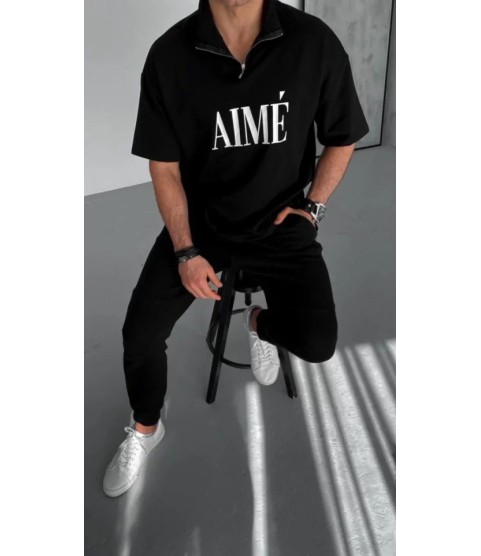 Unisex Yarım Fermuarlı Baskılı T-Shirt - Siyah