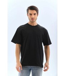 Unisex Oversize Düz Bisiklet Yaka T-Shirt - Siyah