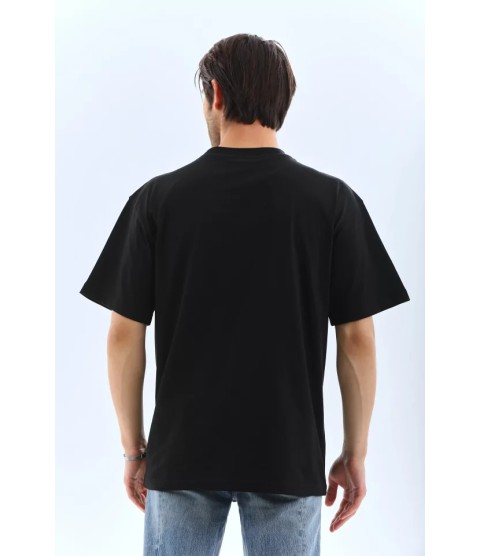 Unisex Oversize Düz Bisiklet Yaka T-Shirt - Siyah
