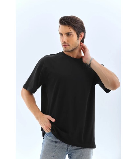 Unisex Oversize Düz Bisiklet Yaka T-Shirt - Siyah
