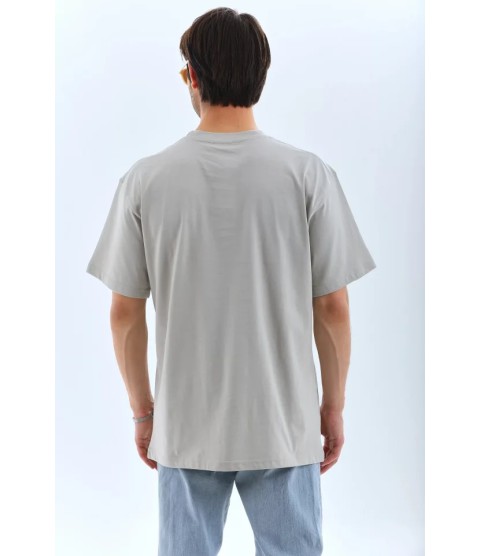 Unisex Oversize Taşlı Bisiklet Yaka T-Shirt - Gri