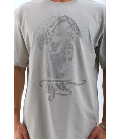 Unisex Oversize Taşlı Bisiklet Yaka T-Shirt - Gri