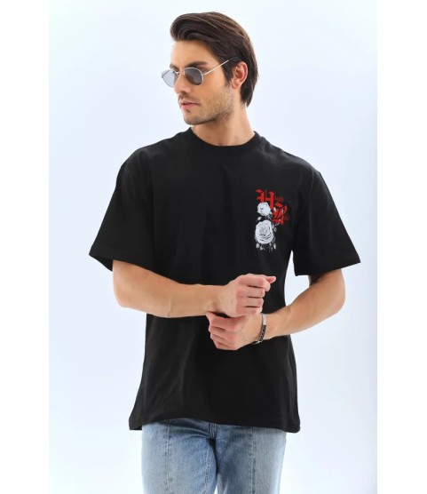 Unisex Oversize Baskılı Bisiklet Yaka T-Shirt - Siyah