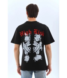 Unisex Oversize Baskılı Bisiklet Yaka T-Shirt - Siyah