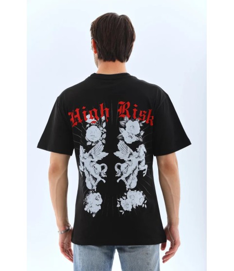 Unisex Oversize Baskılı Bisiklet Yaka T-Shirt - Siyah