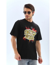 Unisex Oversize Baskılı Bisiklet Yaka T-Shirt - Siyah