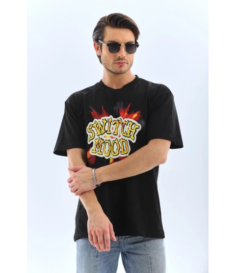 Unisex Oversize Baskılı Bisiklet Yaka T-Shirt - Siyah