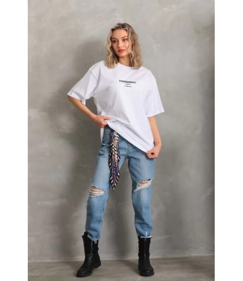 Unisex Baskılı Oversize T-Shirt - Beyaz