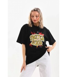 Unisex Baskılı Oversize T-Shirt - Siyah