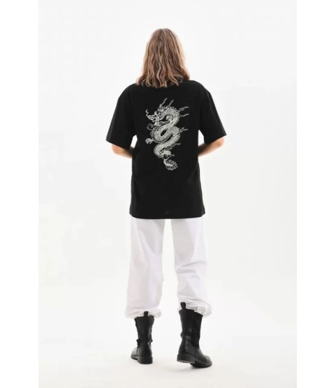 Unisex Baskılı Oversize T-Shirt - Siyah