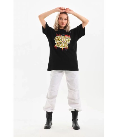 Unisex Baskılı Oversize T-Shirt - Siyah
