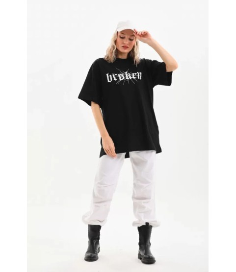 Unisex Baskılı Oversize T-Shirt - Siyah