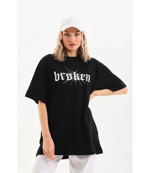 Unisex Baskılı Oversize T-Shirt - Siyah