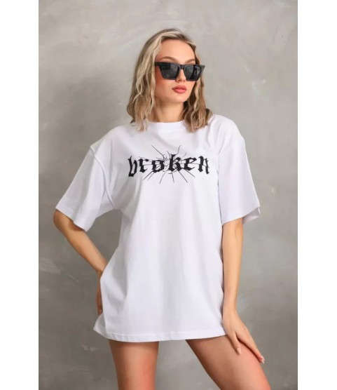 Unisex Baskılı Oversize T-Shirt - Beyaz