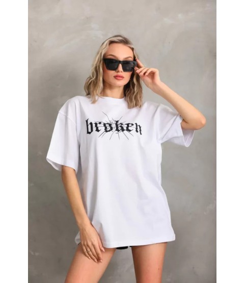 Unisex Baskılı Oversize T-Shirt - Beyaz