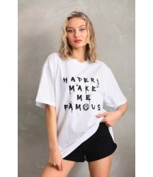 Unisex Baskılı Oversize T-Shirt - Beyaz