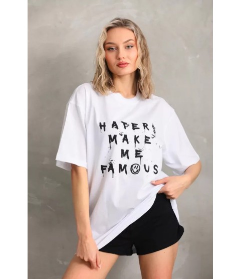 Unisex Baskılı Oversize T-Shirt - Beyaz