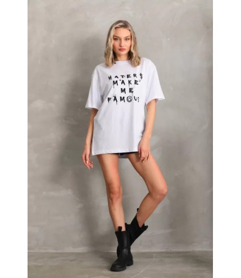 Unisex Baskılı Oversize T-Shirt - Beyaz