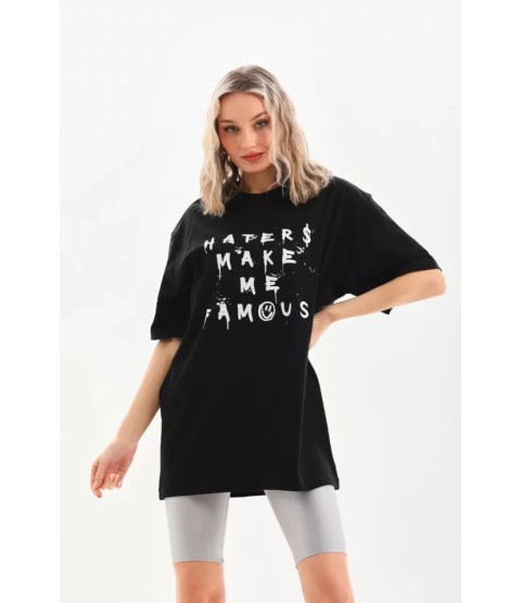 Unisex Baskılı Oversize T-Shirt - Siyah