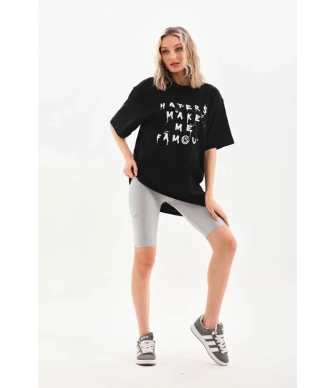Unisex Baskılı Oversize T-Shirt - Siyah