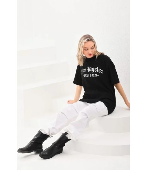 Unisex Baskılı Oversize T-Shirt - Siyah