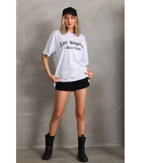 Unisex Baskılı Oversize T-Shirt - Beyaz