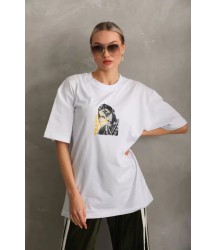 Unisex Baskılı Oversize T-Shirt - Beyaz
