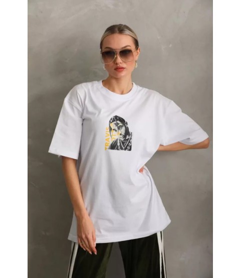 Unisex Baskılı Oversize T-Shirt - Beyaz