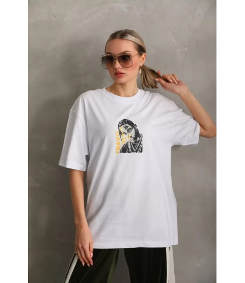 Unisex Baskılı Oversize T-Shirt - Beyaz