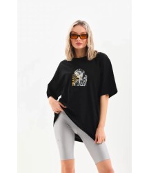 Unisex Baskılı Oversize T-Shirt - Siyah