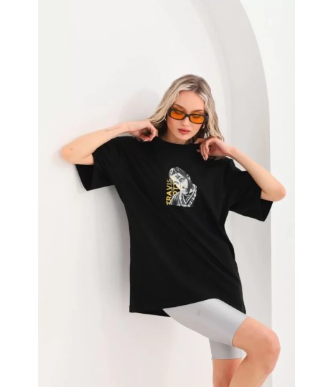 Unisex Baskılı Oversize T-Shirt - Siyah