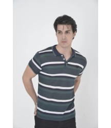 Erkek Yakalı Slim Fit Dokuma Çizgili T-Shirt - Haki