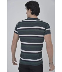 Erkek Yakalı Slim Fit Dokuma Çizgili T-Shirt - Haki