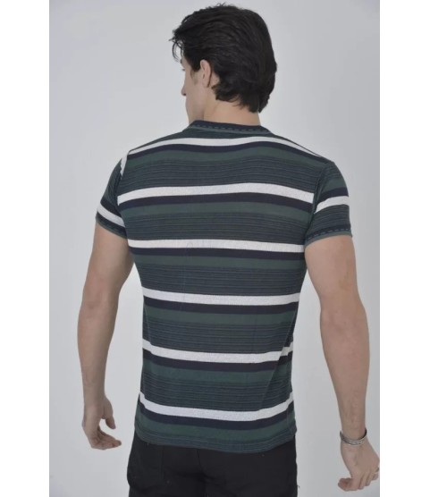 Erkek Yakalı Slim Fit Dokuma Çizgili T-Shirt - Haki