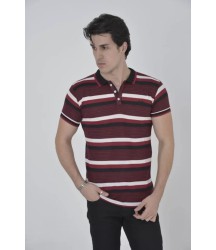 Erkek Yakalı Slim Fit Dokuma Çizgili T-Shirt - Bordo