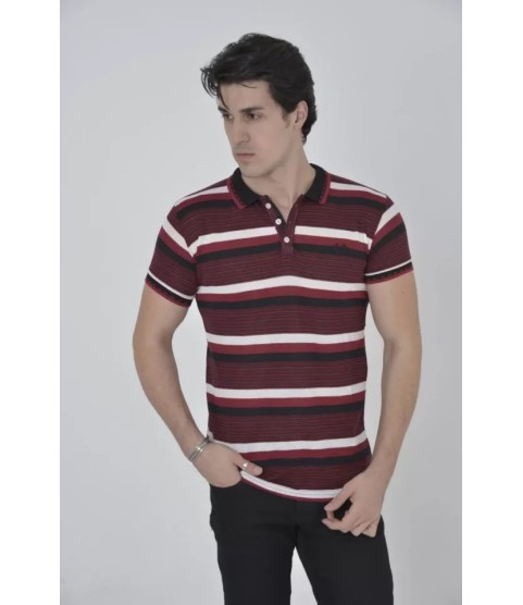 Erkek Yakalı Slim Fit Dokuma Çizgili T-Shirt - Bordo