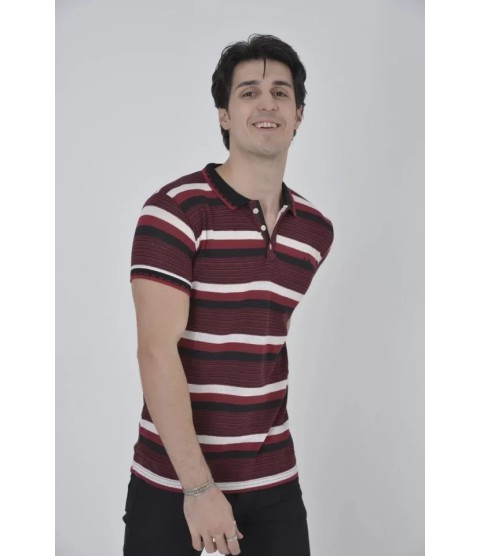 Erkek Yakalı Slim Fit Dokuma Çizgili T-Shirt - Bordo