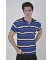 Erkek Yakalı Slim Fit Dokuma Çizgili T-Shirt - Mavi