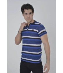 Erkek Yakalı Slim Fit Dokuma Çizgili T-Shirt - Mavi